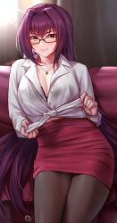 Rule 34 | 1girl, absurdres, black bra, blush, bra, bra peek, breasts, brown pantyhose, cleavage, collarbone, collared shirt, dress shirt, fate/grand order, fate (series), glasses, hair between eyes, highres, hua-j, jewelry, large breasts, long hair, long sleeves, looking at viewer, nail polish, necklace, pantyhose, pencil skirt, pendant, purple hair, red eyes, red skirt, scathach (fate), shirt, skirt, smile, solo, thighs, tied shirt, underwear, white shirt