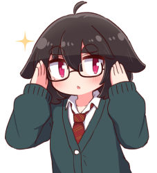 Rule 34 | 1girl, ahoge, artist self-insert, bespectacled, black-framed eyewear, black hair, blush, cardigan, collared shirt, commentary request, diagonal-striped clothes, diagonal-striped necktie, diagonal-striped neckwear, glasses, hair between eyes, hands up, long sleeves, looking at viewer, mole, mole under eye, naga u, naga u-chan, necktie, original, parted lips, puffy long sleeves, puffy sleeves, purple eyes, red necktie, shirt, short eyebrows, simple background, sleeves past wrists, solo, sparkle, striped clothes, striped necktie, striped neckwear, thick eyebrows, upper body, white background, white shirt