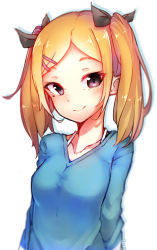 Rule 34 | 00s, 10s, 1girl, absurdres, blonde hair, blush, brown eyes, hair ornament, hair ribbon, hairclip, highres, looking at viewer, master of epic, mole, mole under eye, ribbon, shirobako, short twintails, simple background, smile, solo, twintails, yano erika, yuzas