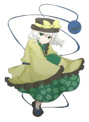 1girl bad_id bad_pixiv_id closed_eyes commentary_request dress female_focus floral_print green_eyes hat hat_ribbon highres komeiji_koishi long_sleeves looking_at_viewer ribbon silver_hair sleeves_past_wrists solo tama_(hiroshige_36) third_eye touhou