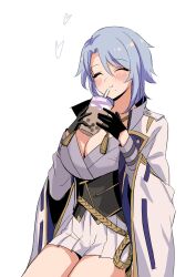 Rule 34 | 1girl, :t, black gloves, blue hair, blush, breasts, bubble tea, closed eyes, cup, drinking straw, genderswap, genderswap (mtf), genshin impact, gloves, hair between eyes, highres, holding, holding cup, jacket, japanese clothes, kamisato ayato, long sleeves, looking at viewer, medium breasts, medium hair, mole, mole under mouth, smile, solo, taosheng, tassel, white background, white jacket