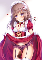 Rule 34 | 1girl, :q, apron, between thighs, black panties, blush, bow, bow panties, box, braid, breasts, brown hair, candy, chocolate, chocolate heart, closed mouth, clothes lift, commentary request, dress, dress lift, food, garter straps, gift, gift box, hair between eyes, hair ornament, heart, heart-shaped box, heart hair ornament, highres, lifting own clothes, long hair, looking at viewer, maid, maid headdress, original, panties, puffy short sleeves, puffy sleeves, purple eyes, red dress, shitou, short sleeves, small breasts, smile, solo, thigh gap, thighhighs, tongue, tongue out, underwear, valentine, waist apron, white apron, white thighhighs
