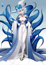 Rule 34 | 1girl, absurdres, aqua eyes, blue flower, blue rose, breasts, checkered floor, choker, cleavage, detached sleeves, dress, earrings, flower, full body, hat, high heels, highres, jewelry, looking at viewer, medium breasts, multiple tails, no bra, original, rose, see-through, serious, short hair, side slit, solo, tail, thighhighs, two-tone dress, wand, white dress, white hair, white thighhighs, wish-tf, witch hat