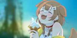 Rule 34 | 1girl, animal ears, blurry, blurry background, bone hair ornament, braid, brown hair, closed eyes, closed mouth, collar, dog ears, dog girl, dog tail, food, food on face, hair ornament, highres, hololive, ice cream cone, inugami korone, inugami korone (1st costume), laughing, red collar, smile, solo, suzuushi, tail, twin braids, virtual youtuber