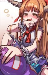 Rule 34 | 1girl, :d, alcohol, aokihatoba 01, blush, bow, brown eyes, brown hair, chain, commentary request, cuffs, feet out of frame, frilled cuffs, gradient background, hair bow, hand up, highres, holding gourd, horns, ibuki suika, long hair, looking at viewer, neckerchief, oni, open mouth, red bow, red neckerchief, sake, shirt, simple background, sleeveless, sleeveless shirt, smile, solo, touhou, twitter username, white shirt, wiping mouth