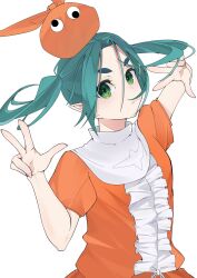 Rule 34 | 1girl, aqua hair, arm up, arril100, eyelashes, floating hair, forehead, frilled shirt, frills, googly eyes, green eyes, hair between eyes, hand up, highres, long hair, looking at viewer, monogatari (series), ononoki yotsugi, orange shirt, parted bangs, parted lips, petite, pointy ears, puffy short sleeves, puffy sleeves, shirt, short eyebrows, short sleeves, simple background, solo, thick eyebrows, twintails, upper body, w, white background
