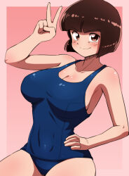 Rule 34 | 1girl, ass, blunt bangs, blush, bob cut, border, breasts, brown eyes, brown hair, cleavage, closed mouth, collarbone, commentary, commission, covered navel, cowboy shot, female focus, gradient background, hand on own hip, hand up, highres, large breasts, looking at viewer, old school swimsuit, one-piece swimsuit, outside border, pink background, pink border, pixiv commission, poron (pixiv id 17549041), pororonn, ranma 1/2, school swimsuit, short hair, sideboob, smile, solo, swimsuit, tendou nabiki, v