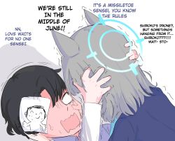 Rule 34 | 1boy, 1girl, 1hpman, animal ears, doodle sensei (blue archive), black hair, blue archive, blush, english text, grey hair, halo, highres, holding another&#039;s head, incoming kiss, right-to-left comic, scared, sensei (blue archive), shiroko (blue archive), sweatdrop, wolf ears, wolf girl