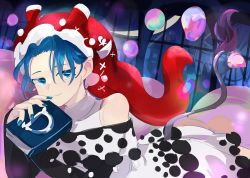Rule 34 | 1girl, :3, bare shoulders, black sleeves, blue eyes, blue nails, book, capelet, chamaruk, closed mouth, commentary, cowboy shot, detached sleeves, doremy sweet, dream soul, dress, eyebrows hidden by hair, ferris wheel, fingernails, hat, holding, holding book, looking at viewer, lying, nail polish, nightcap, on stomach, polka dot, polka dot capelet, polka dot dress, red hat, short hair, solo, tail, tapir tail, touhou, turtleneck, turtleneck dress, white capelet, white dress, window