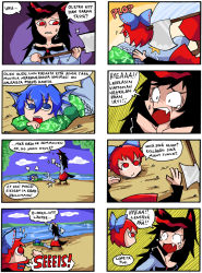 Rule 34 | 3girls, 4koma, animal ears, axe, bare shoulders, beach, black hair, blue eyes, blue hair, bow, comic, decapitation, fang, finnish text, imaizumi kagerou, mermaid, monster girl, multiple girls, red eyes, red hair, scales, sekibanki, setz, severed head, touhou, translated, wakasagihime, weapon, wide-eyed, wolf ears