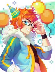 Rule 34 | 1boy, anon (blush blush), artist request, balloon, birthday, black shirt, black wristband, blue eyes, blue jacket, blush blush, commentary, english commentary, fur-trimmed jacket, fur trim, glasses, hat, highres, jacket, male focus, official art, orange eyes, party hat, sad panda studios, shirt, smile