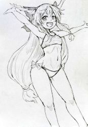 Rule 34 | 1girl, arm up, bikini, bow, breasts, commentary request, d-m (dii emu), eyelashes, fang, greyscale, hair bow, happy, horns, ibuki suika, long hair, looking at viewer, midriff, monochrome, navel, oni horns, open mouth, small breasts, stomach, swimsuit, touhou, very long hair