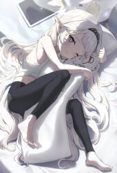 Rule 34 | 1girl, absurdres, barefoot, blue archive, blush, dakimakura (object), feet, hairband, highres, himari (blue archive), leggings, long hair, looking at viewer, lying, on side, one eye closed, pillow, pointy ears, soles, toes, white hair
