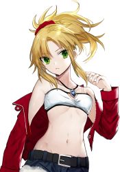 Rule 34 | 1girl, absurdres, bad id, bad twitter id, bandeau, bare shoulders, belt, blonde hair, breasts, collarbone, commentary request, cowboy shot, cutoffs, daimaou ruaeru, denim, denim shorts, fate/apocrypha, fate (series), fingernails, green eyes, groin, hair between eyes, hair ornament, hair scrunchie, hand up, head tilt, highres, jacket, jewelry, long sleeves, looking at viewer, medium breasts, midriff, mordred (fate), mordred (fate/apocrypha), mordred (memories at trifas) (fate), navel, off shoulder, open clothes, open jacket, parted lips, pendant, red jacket, red scrunchie, scrunchie, short ponytail, short shorts, shorts, sidelocks, simple background, solo, stomach, v-shaped eyebrows, white background