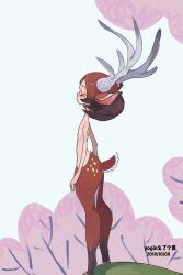 Rule 34 | 1boy, androgynous, animal ears, antlers, artist name, cherry blossoms, closed eyes, commentary request, dated, day, deer boy, deer ears, freckles, from side, highres, hooves, horns, male focus, monster boy, nude, original, outdoors, profile, red hair, satyr, short hair, solo, standing, tree, white background, yogin