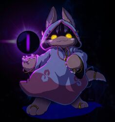 Rule 34 | 1other, :3, absurdres, animal ears, bling, bondrewd, bune poster, cloak, cool s, darkness, fang, fang out, full body, furry, highres, hood, hooded cloak, jewelry, joeyy (rapper), made in abyss, meme, nanachi (made in abyss), ring, shaded face, solo, standing, toe ring, whiskers, white hair, yellow eyes