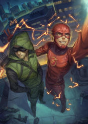 Rule 34 | 2boys, absurdres, animification, arrow (projectile), arrow (series), barry allen, blurry, dc comics, facial hair, flash (series), green arrow, gun, highres, hood, justice league, knife, lightning, mask, multiple boys, musuanmao, oliver queen, quiver, reaching, reaching towards viewer, selfie, smile, speed lines, superhero costume, the flash, the flash (series), v, weapon