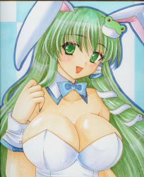 Rule 34 | 1girl, adapted costume, animal ears, bad id, bad pixiv id, bow, bowtie, breasts, rabbit ears, playboy bunny, cleavage, fake animal ears, female focus, fingernails, frog hair ornament, green eyes, green hair, hair ornament, hair tubes, kochiya sanae, large breasts, leotard, lips, lipstick, long hair, makeup, matching hair/eyes, mitsuba (threeleaf), nail polish, open mouth, smile, snake hair ornament, solo, touhou, traditional media, upper body, wrist cuffs