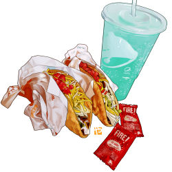 Rule 34 | cheese, cup, disposable cup, food, food focus, food wrapper, no humans, packet, photo-referenced, soda, still life, studiolg, taco, taco bell, tomato, watermark