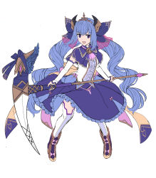 1girl, :d, absurdres, ankle boots, ascot, boots, crown, detached sleeves, drill hair, full body, highres, holding, holding scythe, horn ornament, horns, long hair, long sleeves, looking at viewer, open mouth, original, pigeon-toed, purple capelet, purple eyes, purple footwear, purple hair, purple neckwear, purple skirt, scythe, shichigatsu, simple background, skirt, skull necklace, smile, solo, standing, thighhighs, twin drills, twintails, very long hair, white background, white legwear