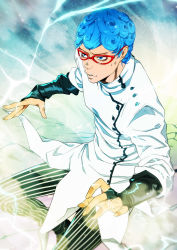 Rule 34 | 1boy, blue eyes, blue hair, blurry, curly hair, fog, ghiaccio, glasses, gradient background, jojo no kimyou na bouken, lightning, male focus, matching hair/eyes, ninoude, pants, solo, striped clothes, striped pants, sweat