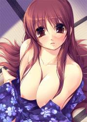 Rule 34 | 1girl, barefoot, blue kimono, blush, breasts, breasts out, brown eyes, brown hair, clothes down, collarbone, floral print, from above, hair between breasts, huge breasts, indoors, japanese clothes, kimono, kirishima satoshi, long hair, looking at viewer, nipples, open clothes, open shirt, original, parted lips, shirt, sitting, solo, tatami, topless, upper body, yukata