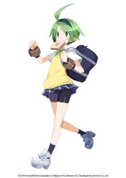 Rule 34 | 1girl, 2019, ahoge, bag, bike shorts, black legwear, blue skirt, bread slice, cardigan vest, clenched hand, copyright notice, disgaea, disgaea rpg, female warrior (disgaea), food, food in mouth, full body, green eyes, green hair, hairband, highres, mouth hold, official art, pleated skirt, pointy ears, school bag, short hair, short sleeves, simple background, skirt, solo, toast, toast in mouth, walking, white background, wristband