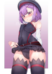 Rule 34 | 1girl, arched back, bare shoulders, belt, black hat, blush, breasts, clothes lift, commentary, commentary request, covered erect nipples, covered navel, detached collar, detached sleeves, dress, fate/grand order, fate (series), frilled skirt, frills, from below, gradient background, hat, heavy breathing, helena blavatsky (fate), k pring, layered skirt, lifted by self, light purple hair, looking at viewer, open mouth, outside border, panties, purple eyes, purple hair, short hair, skindentation, skirt, skirt lift, small breasts, strapless, strapless dress, sweatdrop, symbol-only commentary, thighhighs, thighs, underwear