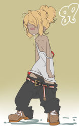 Rule 34 | 1girl, baggy pants, belt, blonde hair, clothes pull, cyclops, dark skin, dark-skinned female, denim, drooling, female focus, flat chest, highres, jeans, monster girl, no nipples, no pussy, off shoulder, one-eyed, oversized clothes, pants, pants pull, saliva, solo, strap slip, tomatojam, wardrobe malfunction