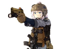 Rule 34 | 1girl, absurdres, assault rifle, blue eyes, blue shirt, brown gloves, chin strap, clov3r, commentary, gloves, grey jacket, gun, h&amp;k hk416, handgun, helmet, highres, holster, jacket, korean commentary, load bearing vest, magazine (weapon), military, mixed-language commentary, original, parted lips, pink hair, pistol, rifle, scope, shirt, short hair, sig sauer, simple background, solo, sweat, tactical clothes, weapon, weapon request, white background