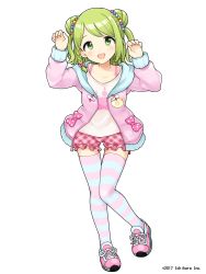 Rule 34 | 1girl, :d, arm up, blush, bow, claw pose, collarbone, copyright notice, double bun, drawstring, eyebrows hidden by hair, full body, green eyes, green hair, hair bun, hand up, head tilt, highres, hood, hood down, hooded jacket, jacket, long sleeves, looking at viewer, morina nao, morinaka kazaki, nijisanji, open clothes, open jacket, open mouth, pink bow, pink footwear, pink jacket, plaid, plaid shorts, polka dot, polka dot bow, red shorts, shirt, shoes, short shorts, shorts, simple background, sleeves past wrists, smile, solo, standing, standing on one leg, striped clothes, striped thighhighs, swept bangs, thighhighs, translation request, two side up, virtual youtuber, watermark, white background, white shirt