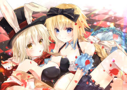 Rule 34 | 2girls, alice (alice in wonderland), alice (alice in wonderland) (cosplay), alice in wonderland, alternate costume, animal ears, blonde hair, blue eyes, braid, breasts, checkered floor, cleavage, commentary request, cosplay, cup, dual persona, fake animal ears, fate/apocrypha, fate/grand order, fate (series), hat, holding, iroha (shiki), jeanne d&#039;arc (fate), jeanne d&#039;arc (ruler) (fate), jeanne d&#039;arc alter (avenger) (fate), jeanne d&#039;arc alter (fate), long hair, looking at viewer, lying, multiple girls, navel, on stomach, parted lips, petals, rabbit ears, shorts, silver hair, single braid, smile, tea, teacup, thighhighs, top hat, white rabbit (alice in wonderland), white rabbit (cosplay), yellow eyes, zettai ryouiki