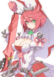 Rule 34 | 1girl, bad id, bad pixiv id, breasts, cleavage, dress, elphelt valentine, gloves, green eyes, guilty gear, gun, hair between eyes, headwear request, looking at viewer, ms. confille, nayutarou (nyt kag), parted lips, pink hair, puffy sleeves, revolver rifle, rifle, short hair, shotgun, simple background, solo, weapon, white background, white gloves