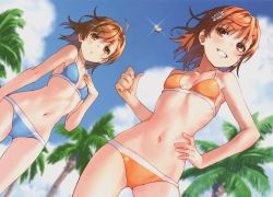 Rule 34 | 2girls, absurdres, bikini, blue sky, blurry, blurry background, breasts, brown eyes, brown hair, cowboy shot, day, depth of field, dutch angle, fang, flower, glint, grin, hair flower, hair ornament, hairclip, hand on own chest, hand on own hip, highres, huge filesize, misaka imouto, misaka mikoto, multiple girls, navel, non-web source, outdoors, raika9, scan, short hair, siblings, sisters, skin fang, sky, small breasts, smile, swimsuit, toaru kagaku no railgun, toaru majutsu no index