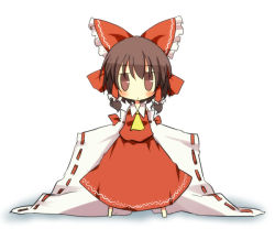 1girl bad_id bad_pixiv_id blush bow brown_eyes brown_hair chibi detached_sleeves female_focus hair_bow hakurei_reimu japanese_clothes miko pasutel solo touhou