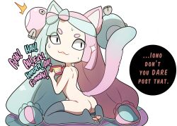 Rule 34 | 1girl, :3, animal ears, ass, black thighhighs, bow, breasts, cat ears, cat tail, commentary request, creatures (company), english text, from side, game freak, gen 1 pokemon, hair bow, hair ornament, hairband, highres, holding, holding phone, iono (pokemon), kinkymation, long hair, looking back, magnemite, nintendo, no shoes, nude, phone, pink hair, pokemon, pokemon sv, simple background, sitting, slit pupils, small breasts, solo, sweat, tail, thighhighs, white background