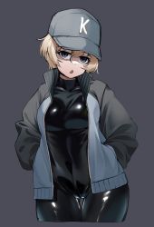 Rule 34 | 1girl, baseball cap, black bodysuit, blonde hair, blue eyes, blue jacket, bodysuit, bodysuit under clothes, breasts, girls und panzer, grey background, grey hat, hands in pockets, hat, highres, jacket, keizoku military uniform, large breasts, latex, latex bodysuit, long sleeves, looking at viewer, nine (kanine41), open mouth, original, short hair, simple background, solo, thick thighs, thighs, youko (girls und panzer)