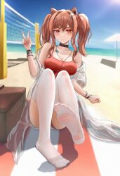 Rule 34 | 1girl, angelina (arknights), animal ears, arknights, beach, blush, brown hair, feet, highres, jewelry, long hair, looking at viewer, necklace, red eyes, see-through, see-through legwear, smile, soles, thighhighs, twintails, v, white thighhighs