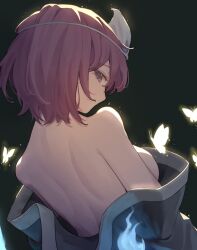 Rule 34 | 1girl, bare back, bare shoulders, black background, blue kimono, breasts, bug, butterfly, garasuno, highres, insect, japanese clothes, kimono, large breasts, looking at viewer, looking back, no bra, open clothes, perfect cherry blossom, pink eyes, pink hair, saigyouji yuyuko, short hair, sideboob, simple background, solo, touhou, triangular headpiece, will-o&#039;-the-wisp (mythology)