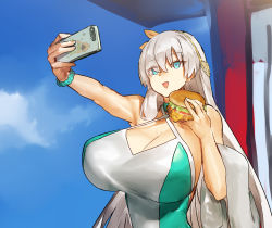 Rule 34 | 1girl, alternate breast size, anastasia (fate), aqua one-piece swimsuit, bare shoulders, bead bracelet, beads, blue eyes, blue sky, bracelet, breasts, burger, cellphone, cleavage, fate/grand order, fate (series), food, hair over one eye, hairband, highres, huge breasts, jewelry, long hair, melon22, one-piece swimsuit, open mouth, outstretched arm, phone, sky, smile, swimsuit, towel, two-tone swimsuit, white one-piece swimsuit