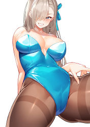 Rule 34 | 1girl, asuna (blue archive), asuna (bunny) (blue archive), blue archive, blue eyes, blue leotard, blue ribbon, blush, breasts, brown pantyhose, cleavage, grin, hair over one eye, hair ribbon, kibanda gohan, large breasts, leotard, light brown hair, long hair, looking at viewer, mole, mole on breast, pantyhose, playboy bunny, ribbon, simple background, smile, solo, strapless, strapless leotard, white background