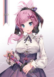 Rule 34 | 1girl, alternate costume, asymmetrical hair, blue eyes, blue nails, blush, bow, breasts, charm (object), copyright name, earrings, fate/grand order, fate (series), fingernails, frilled shirt, frills, gradient background, hair bow, hair ornament, hair stick, high-waist skirt, holding, holding sword, holding weapon, jewelry, katana, large breasts, long fingernails, long hair, long sleeves, looking at viewer, miyamoto musashi (fate), nail polish, neck ribbon, parted lips, ponytail, purple ribbon, purple skirt, ribbon, sheath, sheathed, shirt, single sidelock, skirt, smile, solo, sword, weapon, yoshimoto (dear life)
