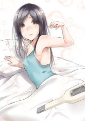 Rule 34 | 1girl, blanket, blush, breasts, digital thermometer, highres, looking at viewer, lying, murabito c, on bed, on side, original, parted lips, pillow, small breasts, solo, sweat, tank top, thermometer, waking up
