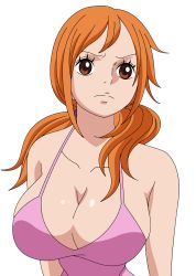 Rule 34 | 1girl, bare shoulders, breasts, brown eyes, camisole, cleavage, collarbone, highres, large breasts, long hair, nami (one piece), one piece, orange hair, solo, upper body, white background