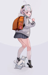 Rule 34 | 1girl, 643994722, admi (nikke), ahoge, backpack, bag, black skirt, bow, bowtie, breasts, cat, collared shirt, crime prevention buzzer, full body, goddess of victory: nikke, green hair, grey sweater, hair ornament, hairclip, highres, jacket, light blush, long sleeves, medium hair, miniskirt, multicolored hair, open clothes, open jacket, pink eyes, pleated skirt, randoseru, school bag, school uniform, shirt, shoes, simple background, skirt, sleeves past wrists, small breasts, sneakers, socks, solo, standing, streaked hair, sweater, thighs, white background, white hair, white jacket, white shirt, white socks, yellow bow, yellow bowtie