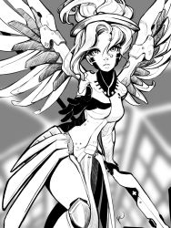 Rule 34 | 1girl, absurdres, angelica (k3lly), bodysuit, breasts, gloves, greyscale, hair between eyes, halo, head tilt, highres, looking at viewer, mechanical halo, mechanical wings, medium breasts, mercy (overwatch), monochrome, outstretched arm, outstretched hand, overwatch, overwatch 1, reaching, short hair, solo, spread wings, wings