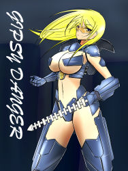 Rule 34 | 1girl, arm blade, bad id, bad pixiv id, blonde hair, blue eyes, breasts, cannon, chain sword, character name, chest cannon, energy cannon, gauntlets, gd6 chain sword, gipsy danger, highres, jaeger (pacific rim), large breasts, legendary pictures, long hair, mecha musume, navel, nuclear vortex turbine, pacific rim, pan pacific defense corps, pasties, personification, replikia, safety glasses, solo, sunglasses, sword, tinted eyewear, underboob, visor, weapon, whip, whip sword, wrist blades, yellow-tinted eyewear