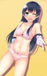 Rule 34 | 10s, 1girl, ;d, agano (kancolle), bare arms, black hair, bra, breasts, cleavage, collarbone, dutch angle, gloves, green hair, hand on own hip, interstellar, kantai collection, long hair, looking at viewer, medium breasts, military, military uniform, naval uniform, one eye closed, open mouth, outstretched arm, panties, pink bra, pink panties, shadow, simple background, smile, solo, underwear, uniform, white gloves, wink, yellow background