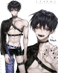 Rule 34 | 1boy, :d, abs, asymmetrical clothes, asymmetrical legwear, asymmetrical sleeves, bishounen, black choker, black hair, black nails, blue eyes, boxer briefs, chest harness, choker, eyelashes, fangs, hair between eyes, harness, highres, long sleeves, looking at viewer, male focus, male underwear, multiple views, navel, nipples, open mouth, original, paw pose, piercing, short hair, simple background, smile, solo, stitches, syaden, thigh strap, underwear, white background