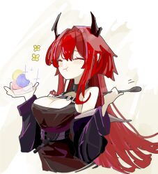 Rule 34 | arknights, bare shoulders, black dress, closed eyes, demon horns, detached collar, dress, food, hair intakes, holding, holding spoon, horns, ice cream, jacket, jacket partially removed, long hair, open clothes, open jacket, red hair, smile, spoon, surtr (arknights), taiiiyakiii